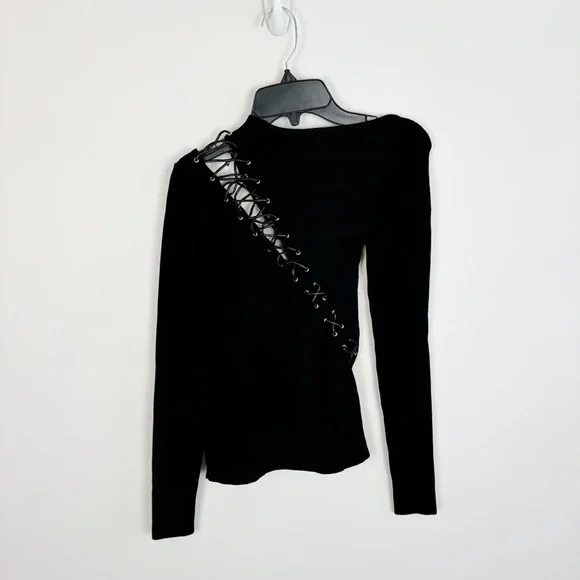 NICHOLAS Cosima Long Sleeve Ribbed Lace Up Top in Black Size S - Picture 4 of 11